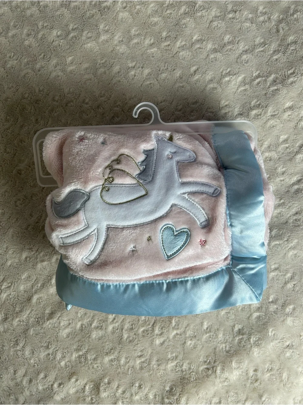 Lullaby Baby Pink Unicorn Pegasus Blanket Blue Edge Trim White Hearts Gold NEW